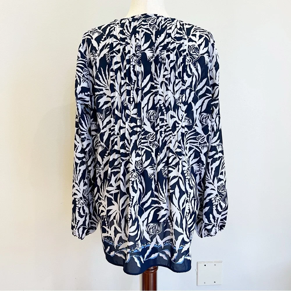 Lilly Pulitzer Top Women Large Blue White Marilina Tassels Relaxed Coastal Tunic - Picture 2 of 14